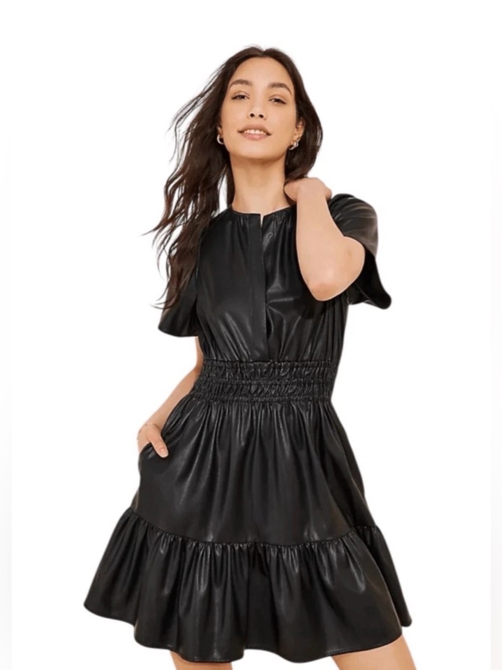 Anthropologie Somerset Vegan Leather Mini Dress Black Smocked Tiered Sz  LP EUC - Picture 3 of 16
